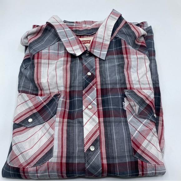 Levis Red Tab Mens Plaid Red Grey Button Pearl Snap Plaid Western Long Sleeve 3X - Picture 6 of 7